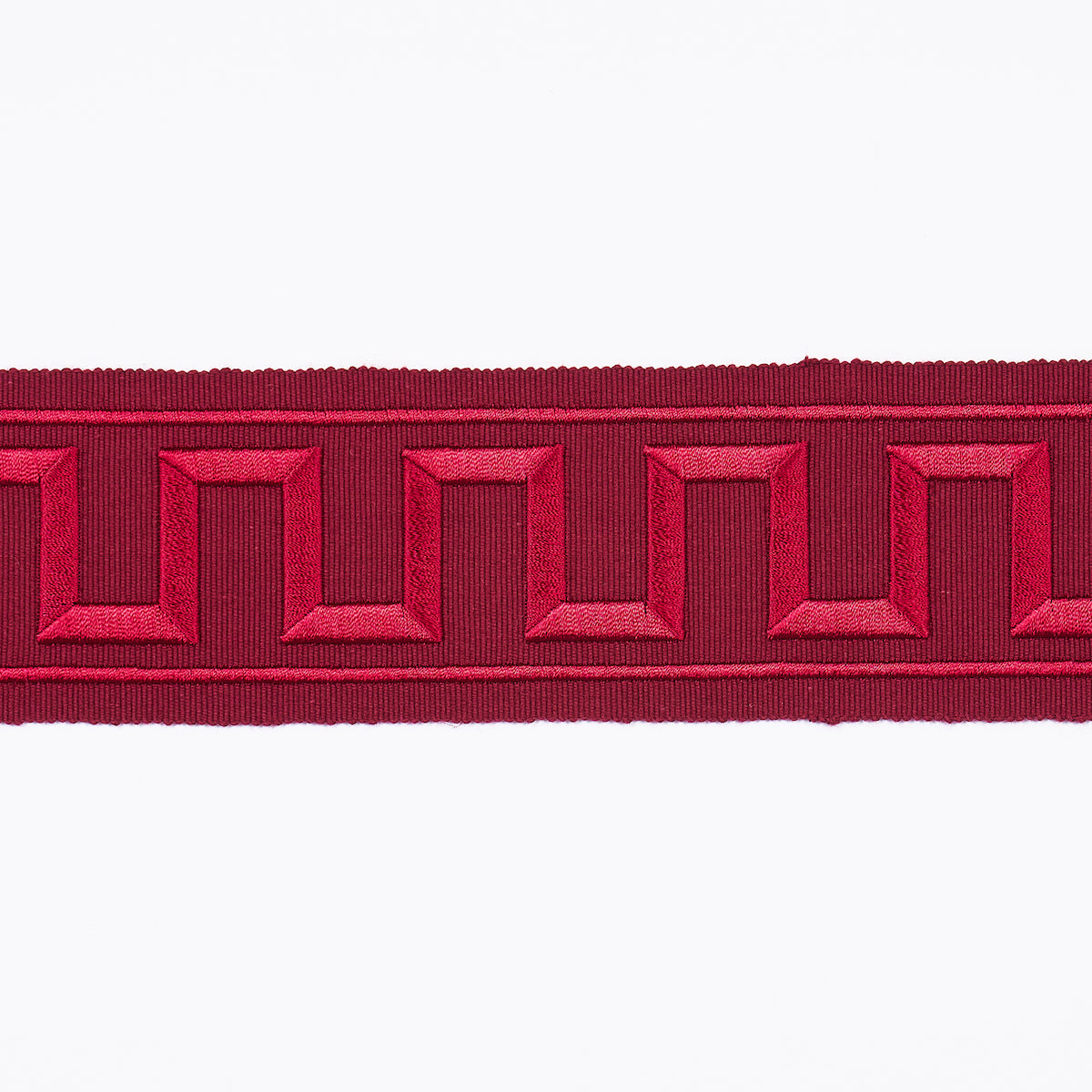 Schumacher Greek Key Embroidered Tape Burgundy Trim Sample 70805