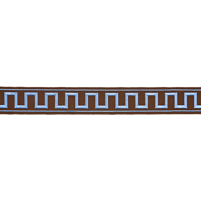 Schumacher Greek Key Embroidered Tape Blue On Brown Trim Sample 70807