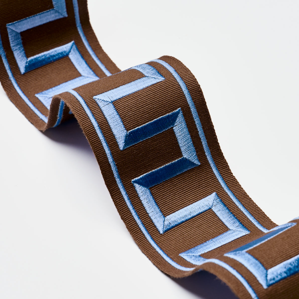 Schumacher Greek Key Embroidered Tape Blue On Brown Trim 70807