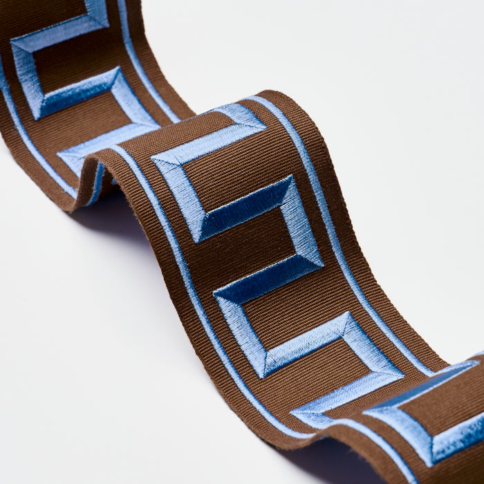 Schumacher Greek Key Embroidered Tape Blue On Brown Trim Sample 70807