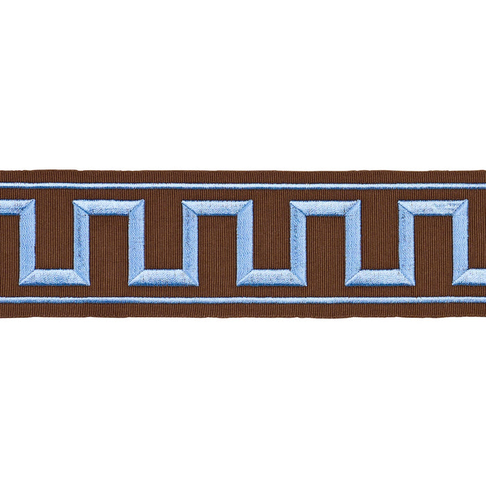 Schumacher Greek Key Embroidered Tape Blue On Brown Trim 70807