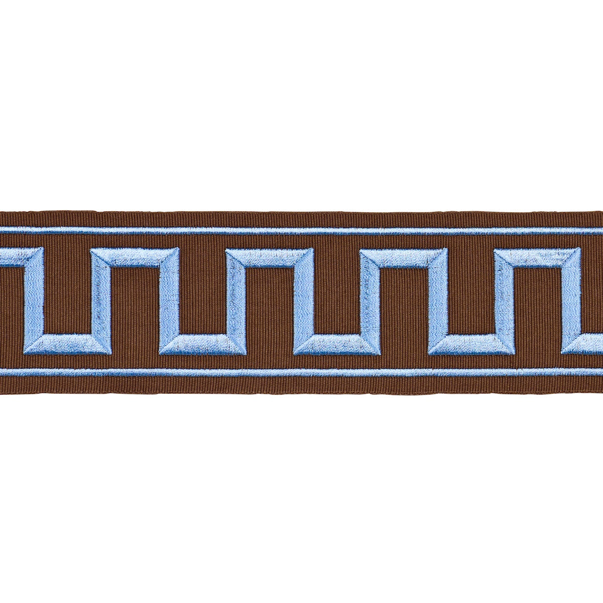 Schumacher Greek Key Embroidered Tape Blue On Brown Trim Sample 70807