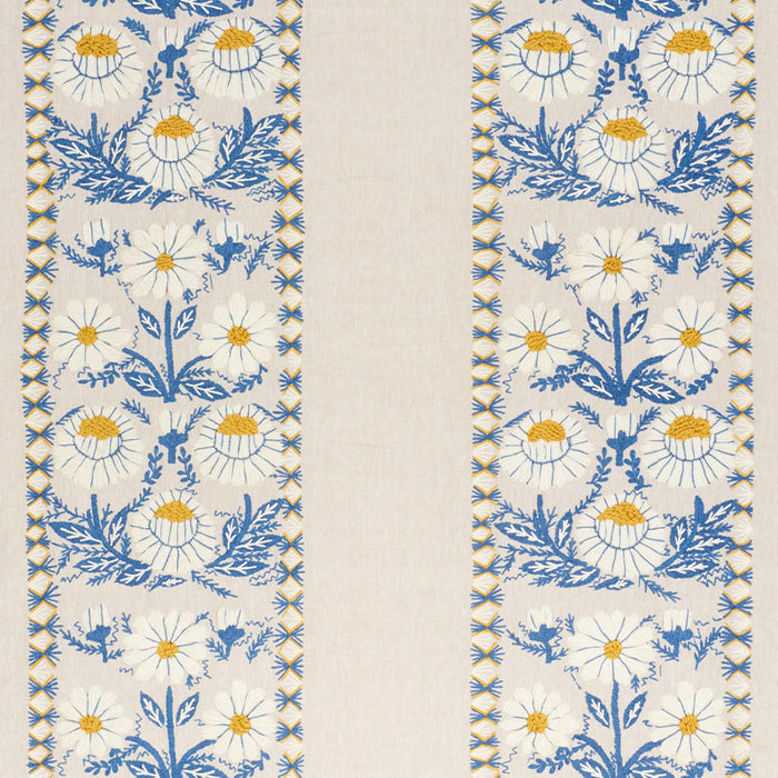 Schumacher Marguerite Embroidery Blue & Ochre Fabric 72332