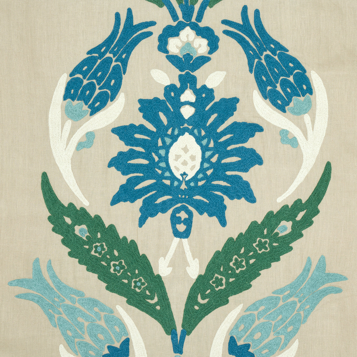 Schumacher Anagada Embroidery Peacock Fabric 74141