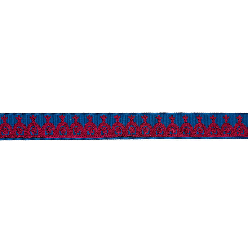 Schumacher Noelia Embroidered Tape Red On Blue Trim 74156