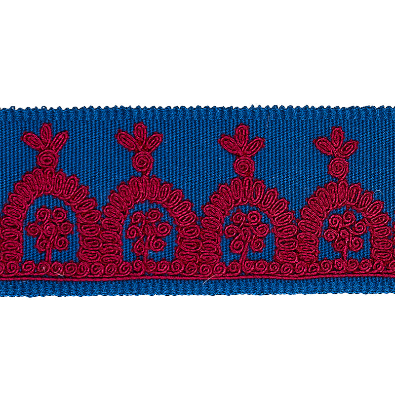 Schumacher Noelia Embroidered Tape Red On Blue Trim 74156