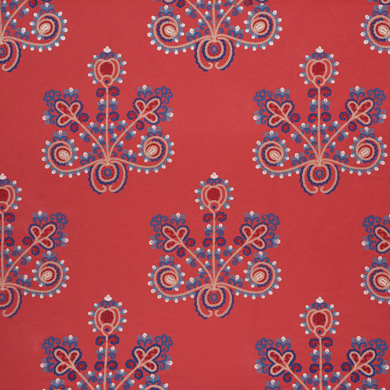 Schumacher Estrella Embroidery Vermilion Fabric Sample 74451