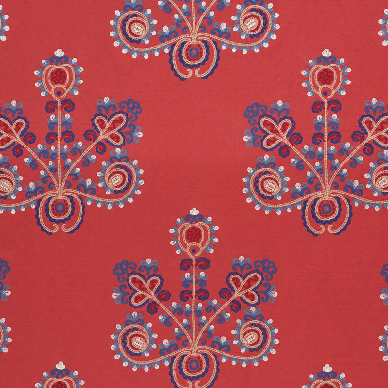 Schumacher Estrella Embroidery Vermilion Fabric Sample 74451