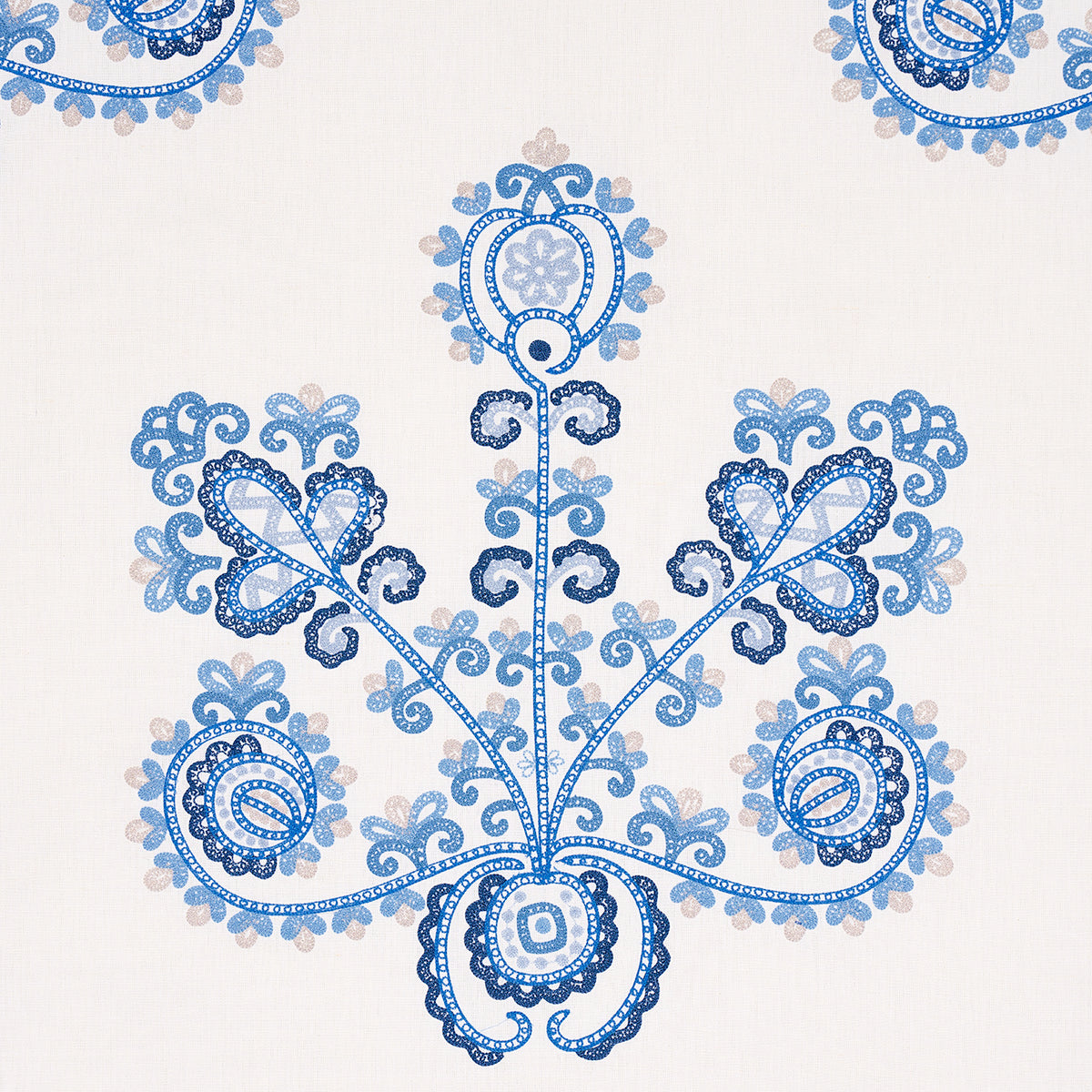 Schumacher Estrella Embroidery Porcelain Fabric Sample 74454