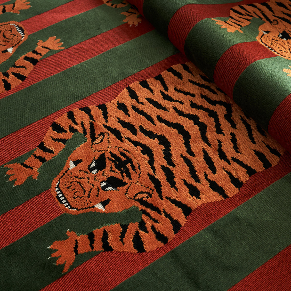 Schumacher Jokhang Tiger Velvet Red & Green Fabric 77235