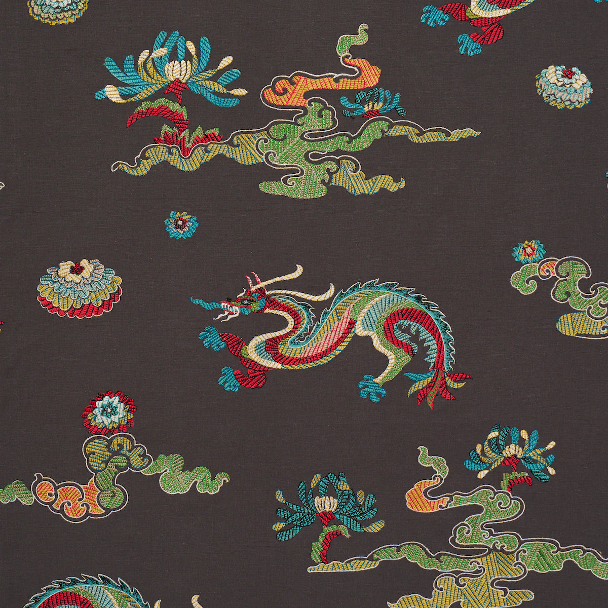 Schumacher Hanlun Dragon Embroidery Charcoal Fabric 78113