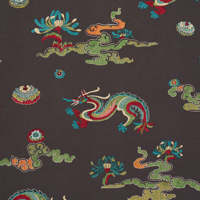 Schumacher Hanlun Dragon Embroidery Charcoal Fabric 78113