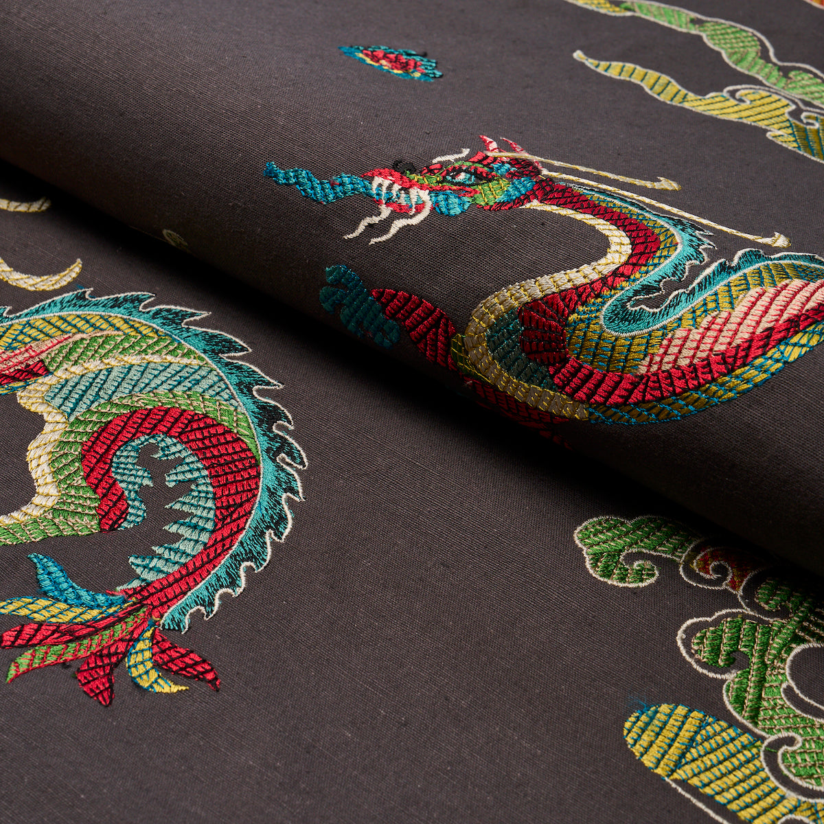 Schumacher Hanlun Dragon Embroidery Charcoal Fabric 78113