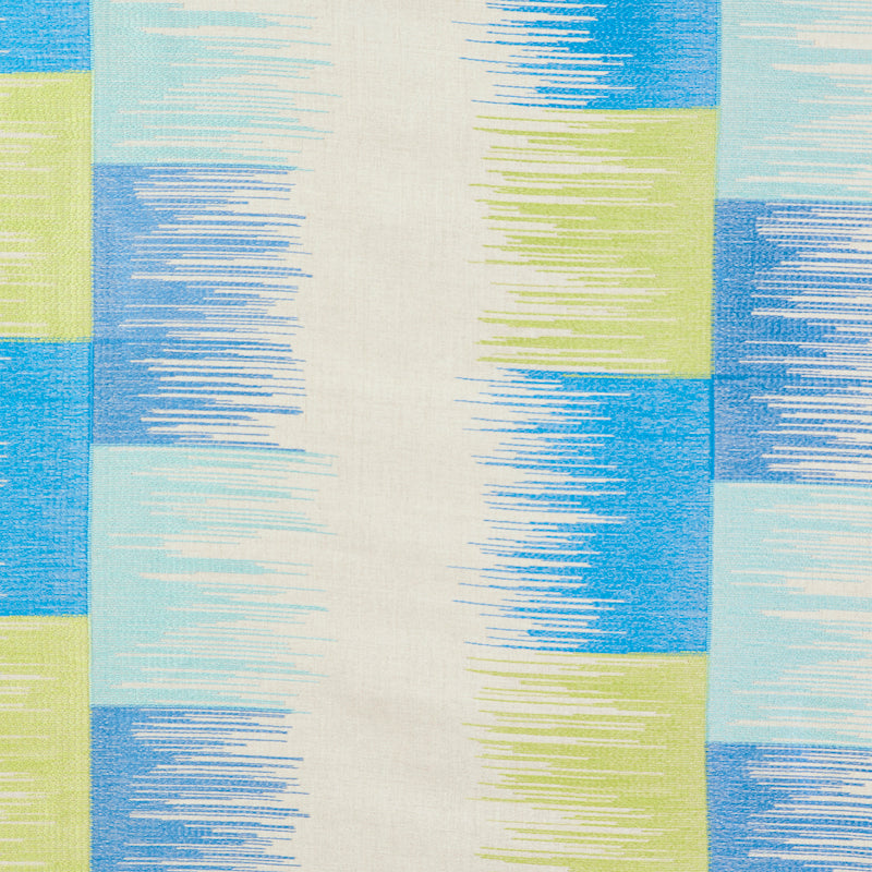 Schumacher Sunburst Stripe Embroidery Blue & Lime Fabric Sample 78401