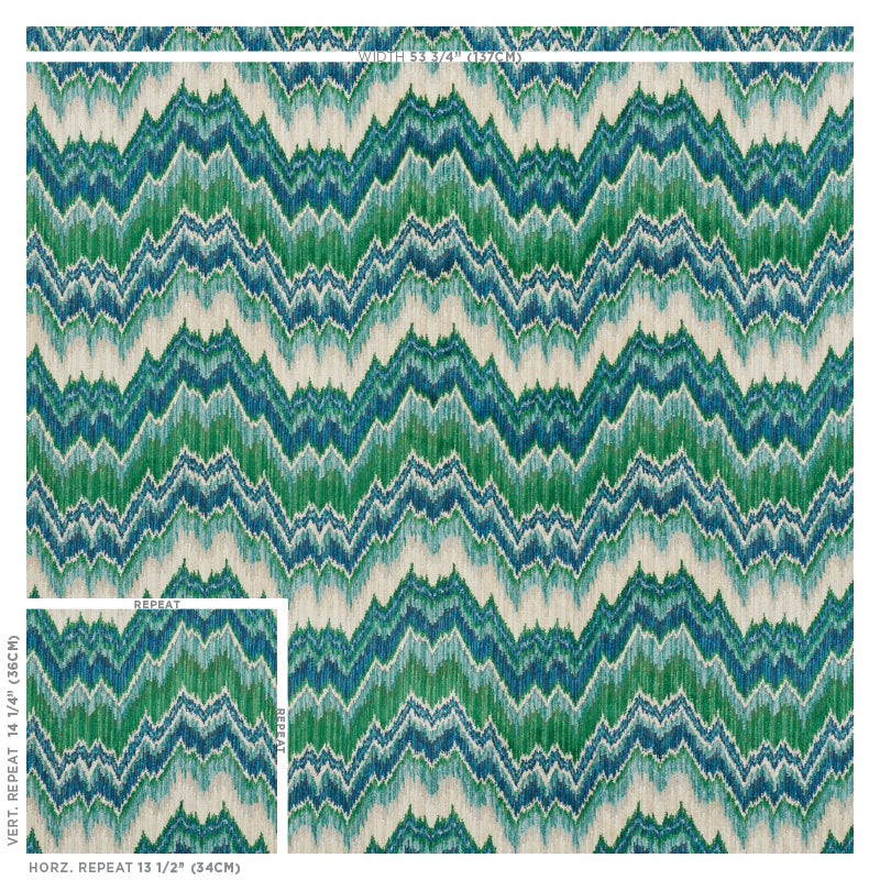 Schumacher Bezique Flamestitch Velvet Blue & Green Fabric 78791