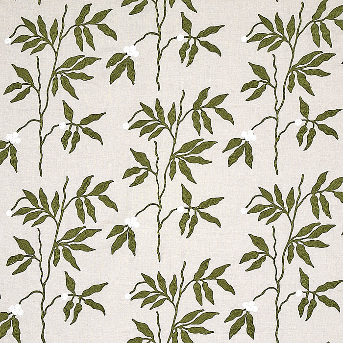 Schumacher Lilla Embroidery Olive On Neutral Fabric 80430