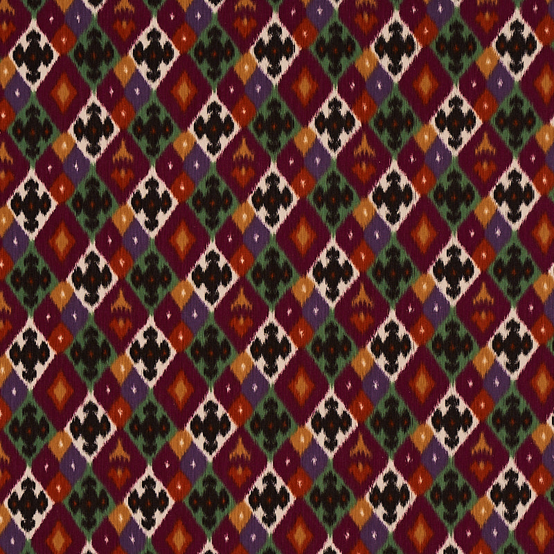 Schumacher Sasha Diamond Ikat Jade And Plum Fabric Sample 80662