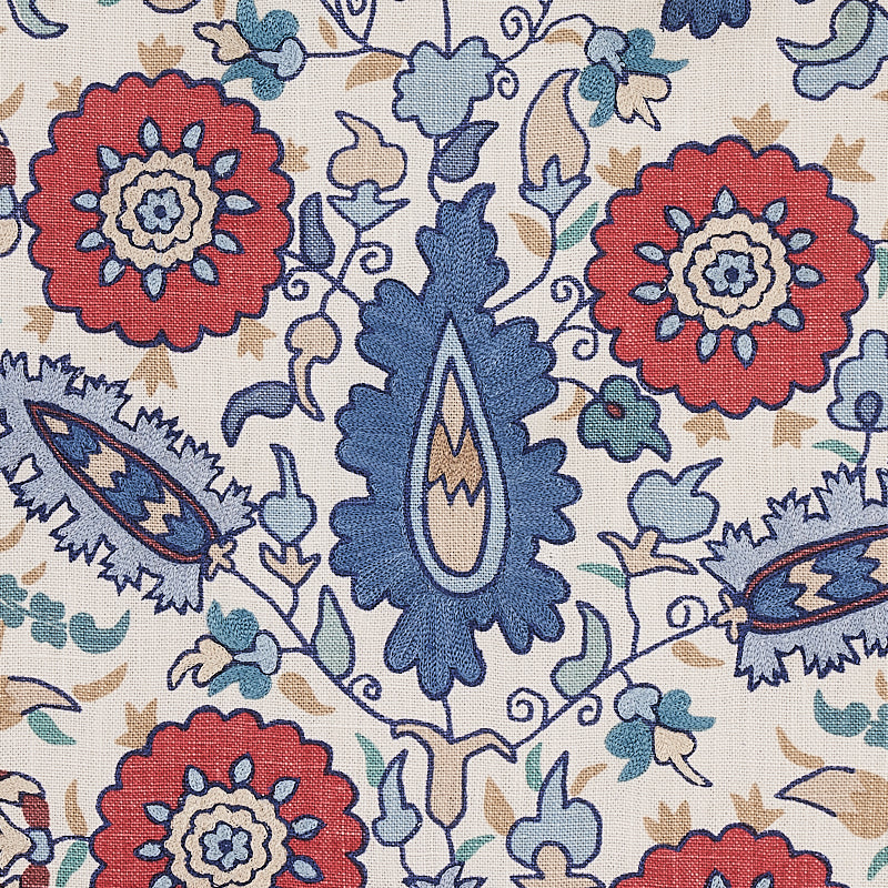 Schumacher Anatolia Embroidery Blue & Red Fabric 80750