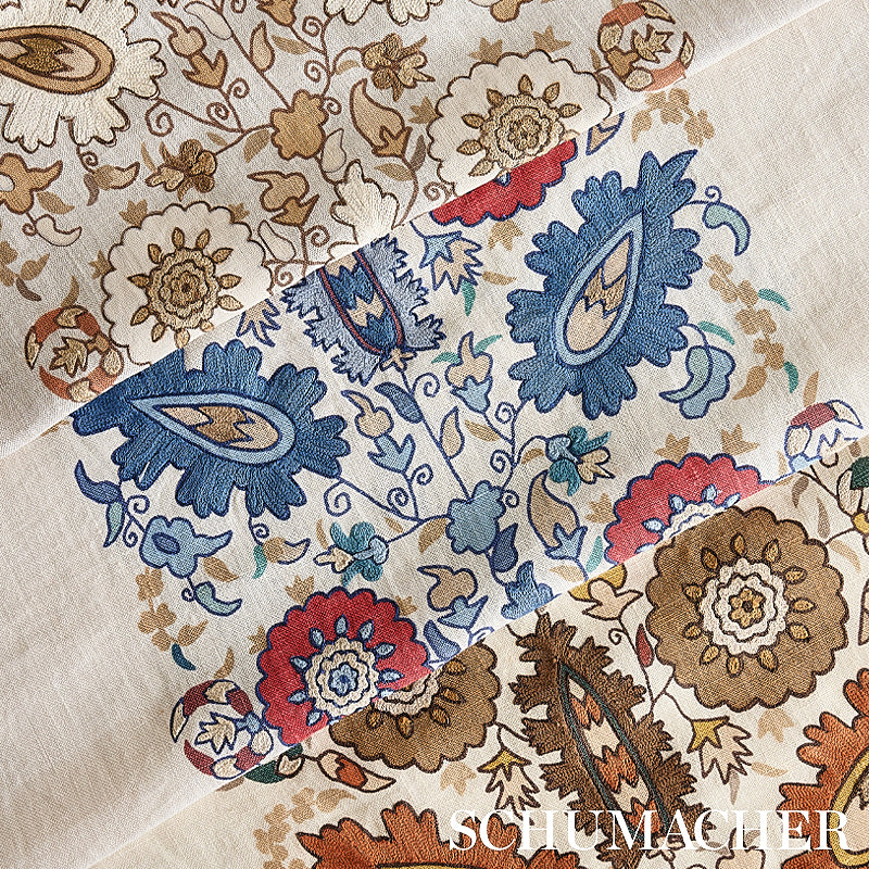 Schumacher Anatolia Embroidery Blue & Red Fabric Sample 80750