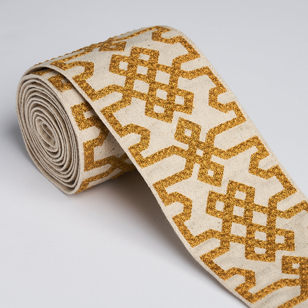 Schumacher Knotted Trellis Tape Ocher On Unbleached Trim Sample 80882