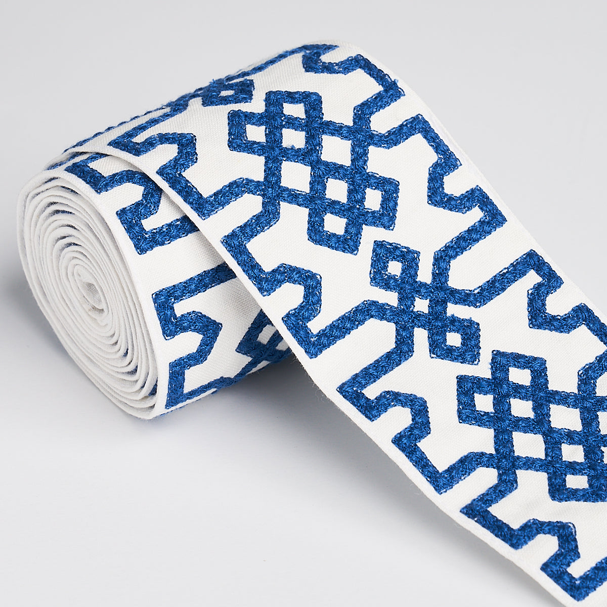 Schumacher Knotted Trellis Tape Blue On White Trim 80883