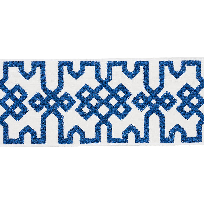 Schumacher Knotted Trellis Tape Blue On White Trim 80883