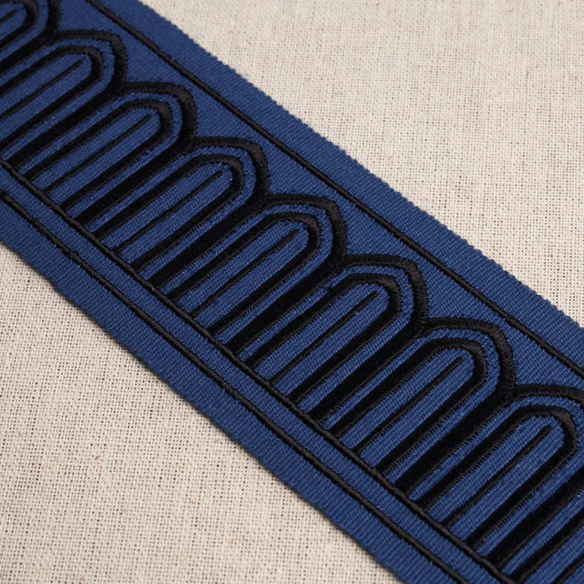 Schumacher Arches Embroidered Tape Medium Black On Navy Trim 81150