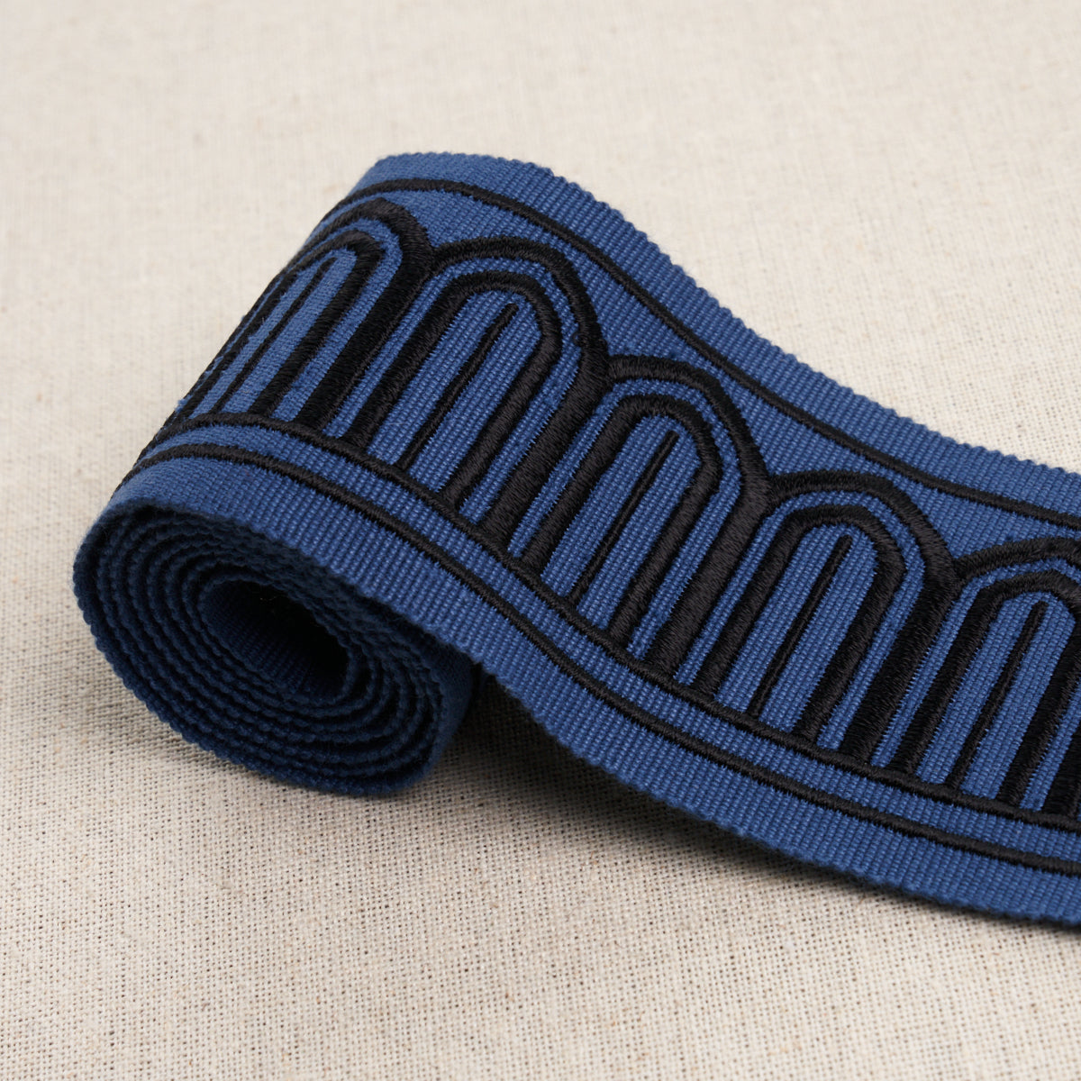 Schumacher Arches Embroidered Tape Medium Black On Navy Trim Sample 81150