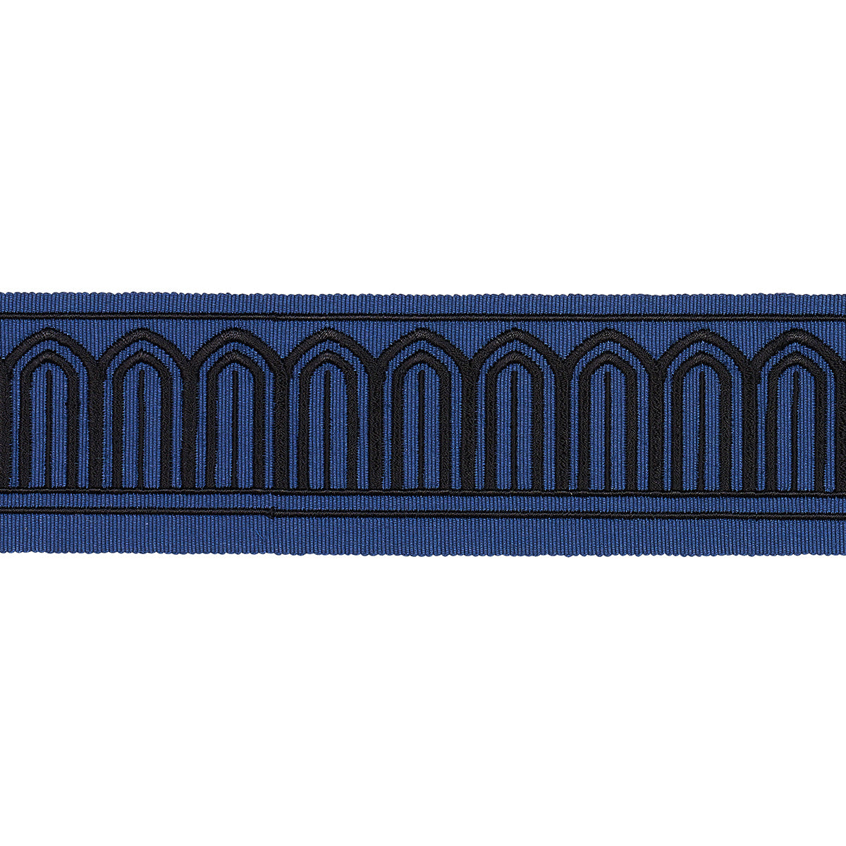 Schumacher Arches Embroidered Tape Medium Black On Navy Trim Sample 81150