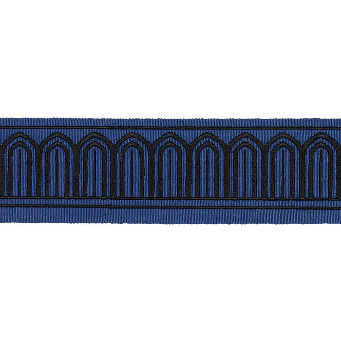 Schumacher Arches Embroidered Tape Medium Black On Navy Trim Sample 81150