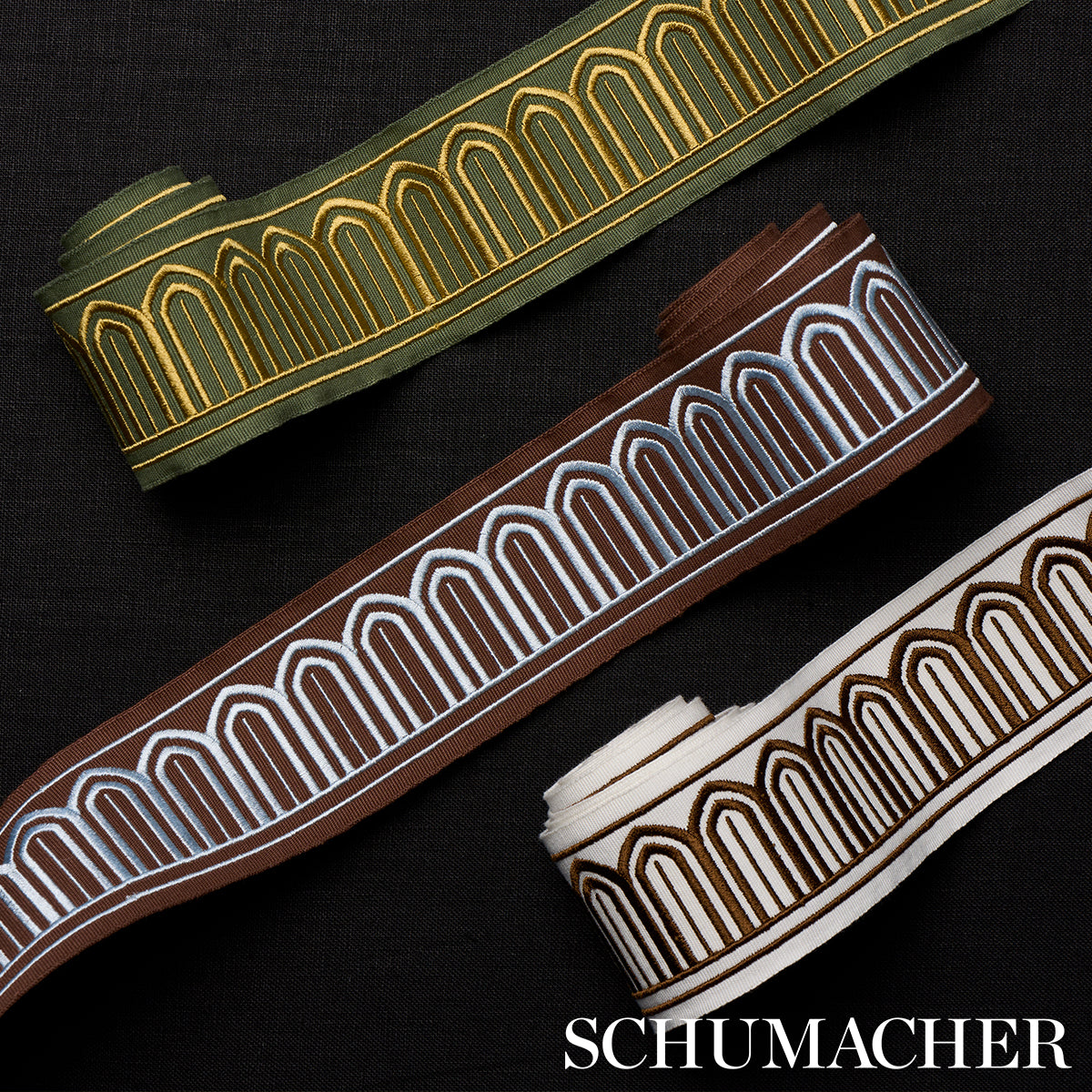 Schumacher Arches Embroidered Tape Medium Olive Trim 81152