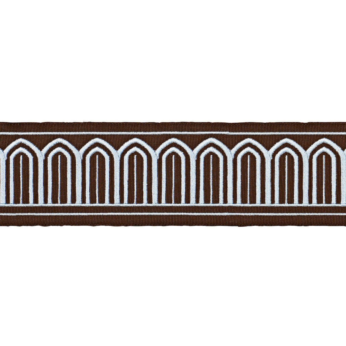 Schumacher Arches Embroidered Tape Medium Sky On Brown Trim Sample 81153