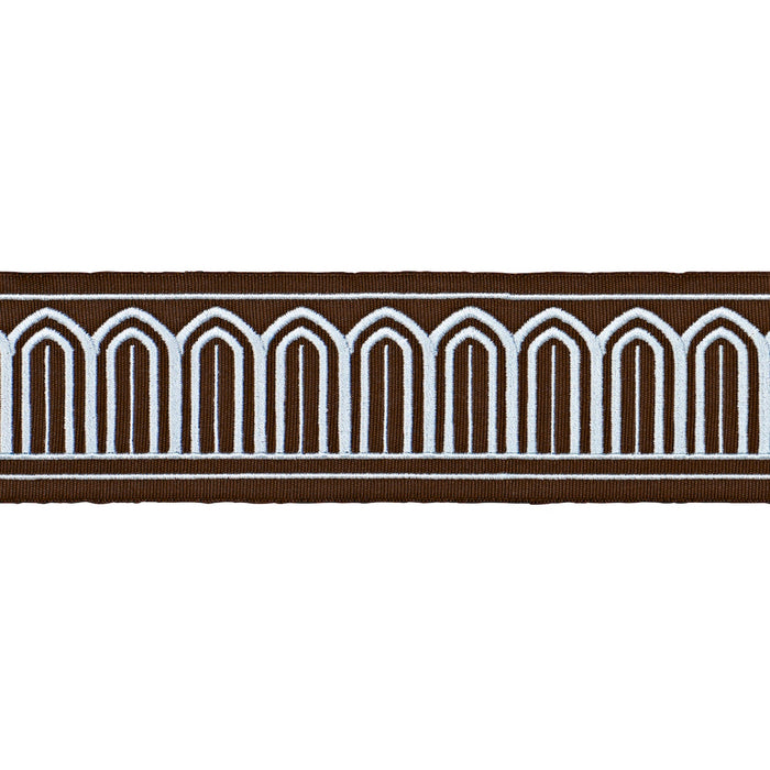 Schumacher Arches Embroidered Tape Medium Sky On Brown Trim Sample 81153