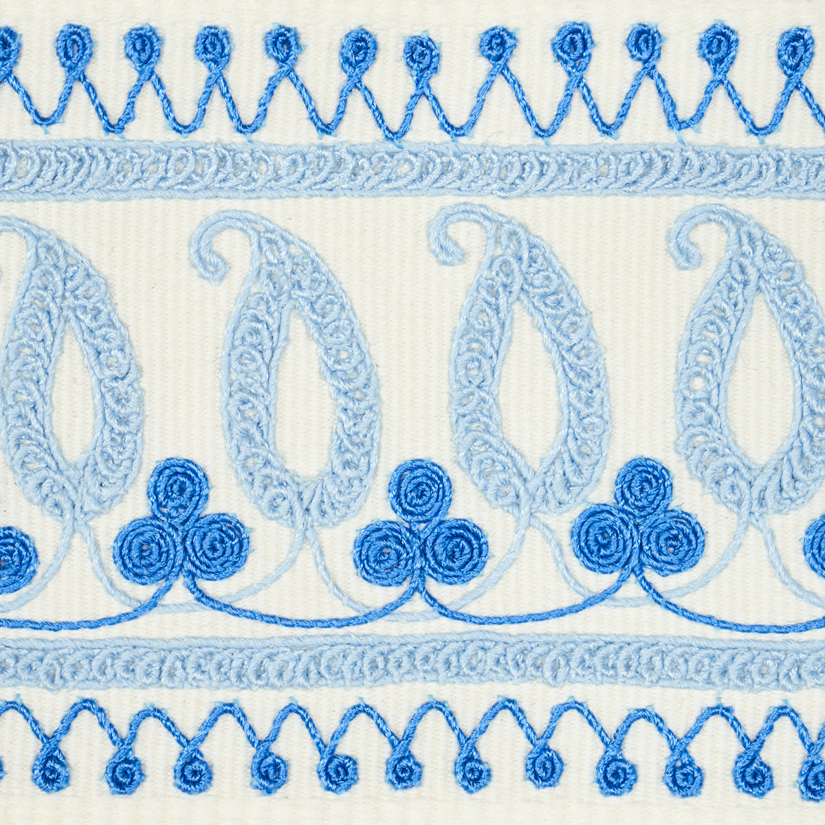 Schumacher Paisley Embroidered Tape Blues Trim 81230