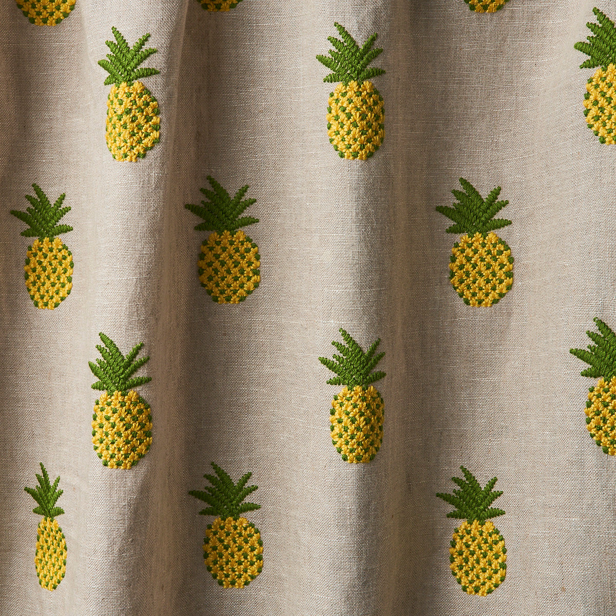 Schumacher Pineapple Embroidery Green On Natural Fabric Sample 81531