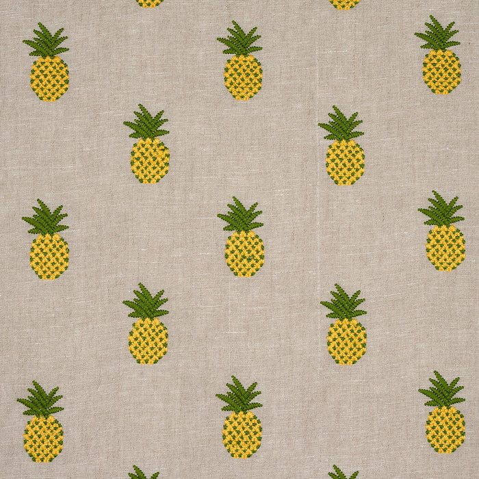 Schumacher Pineapple Embroidery Green On Natural Fabric 81531