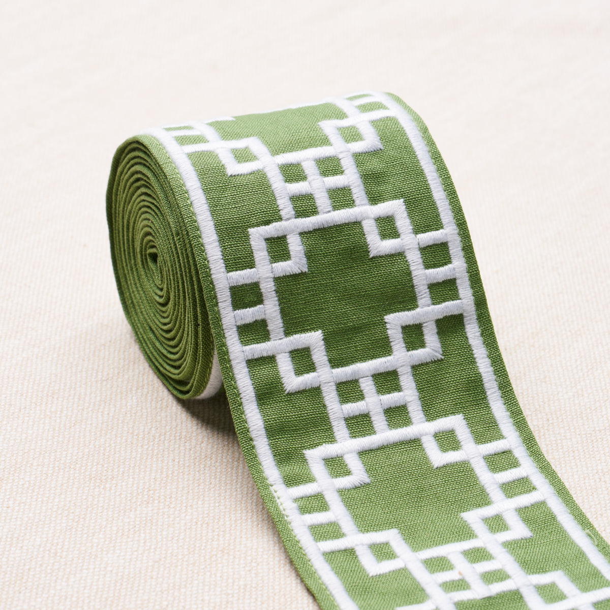 Schumacher Squared Away Trellis Tape Green Trim Sample 83590