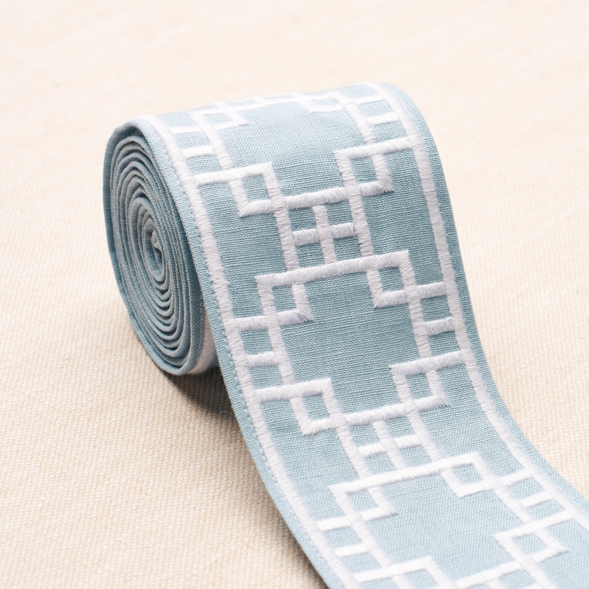 Schumacher Squared Away Trellis Tape Sky Trim Sample 83591