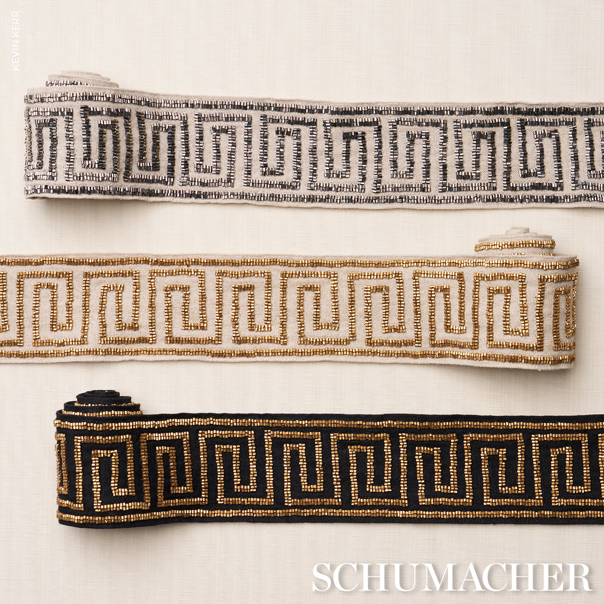 Schumacher Delphi Beaded Tape Mercury On Natural Trim 83640