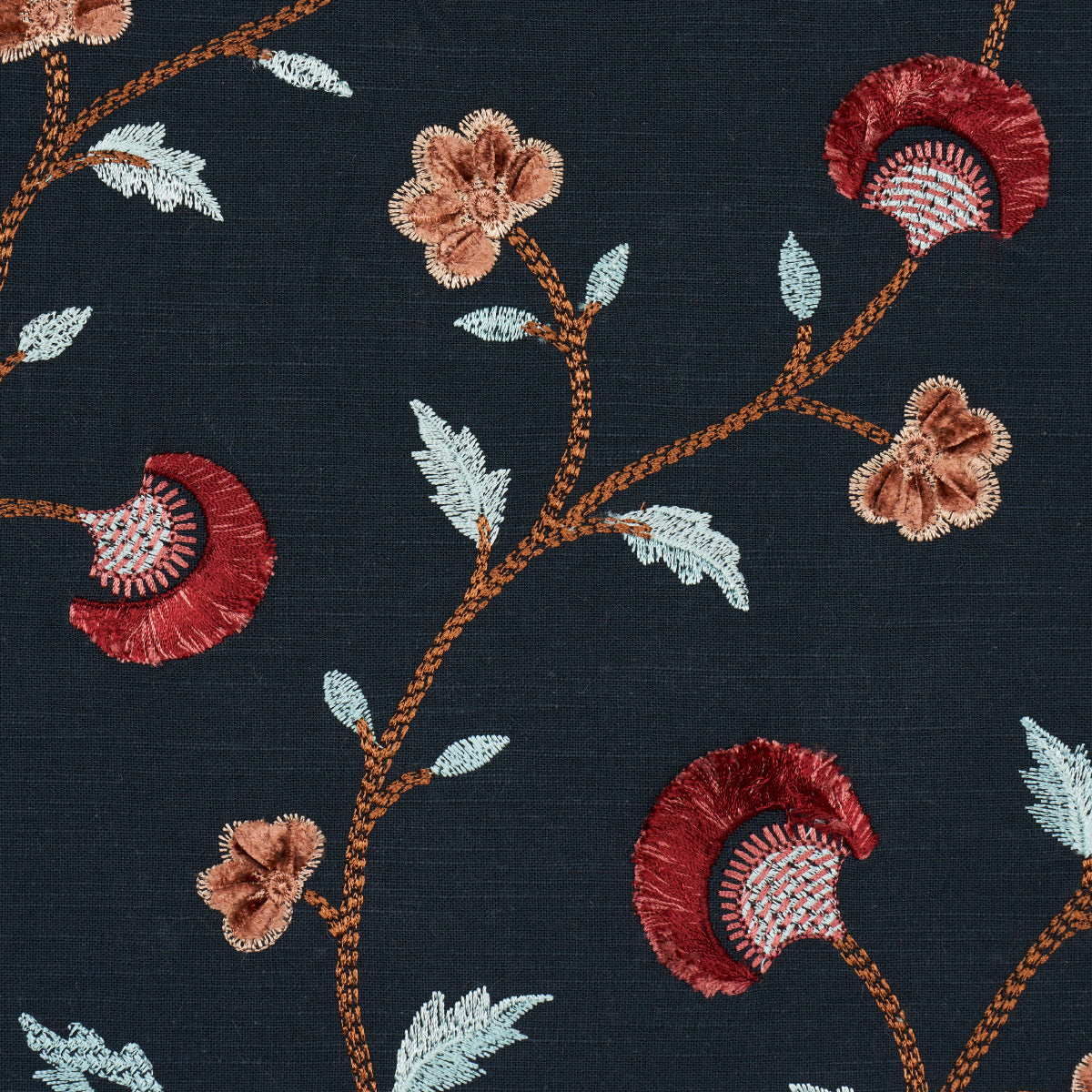 Schumacher Iyla Embroidery Midnight & Rouge Fabric 83662