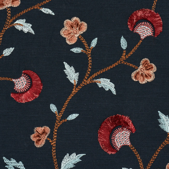 Schumacher Iyla Embroidery Midnight & Rouge Fabric 83662