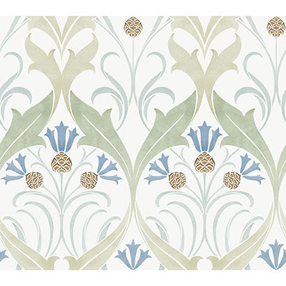 York Pine Cone Ribbon Green & Blue Metallic Wallpaper AC9173