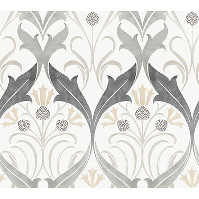 York Pine Cone Ribbon Charcoal Metallic Wallpaper AC9174