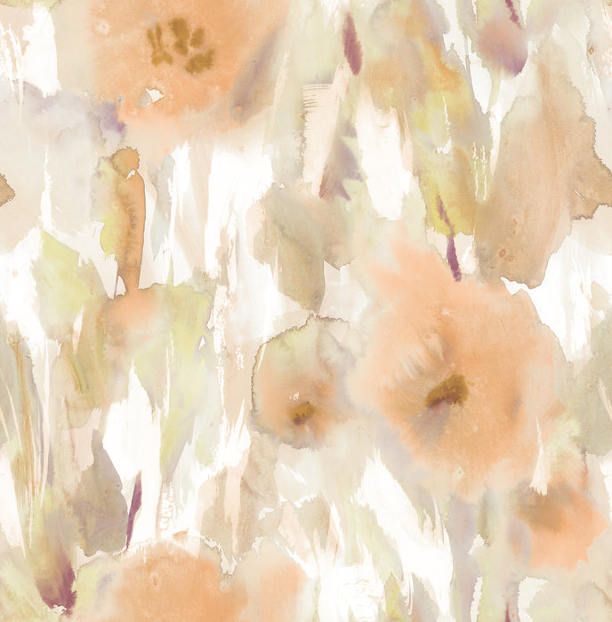 Seabrook Designs Watercolor Floral Cantaloupe, Gold, & Taupe Wallpaper Sample AH40403