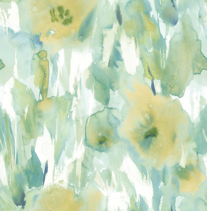 Seabrook Designs Watercolor Floral Lime Green, Teal, & Off-white Wallpaper AH40404