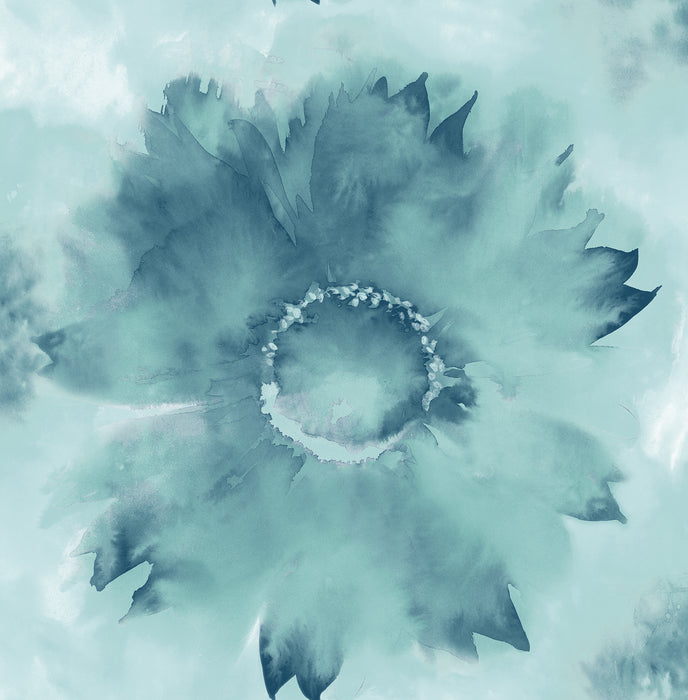 Seabrook Designs Watercolor Sunflower Metallic Teal & Ice Blue Wallpaper Sample AH40502