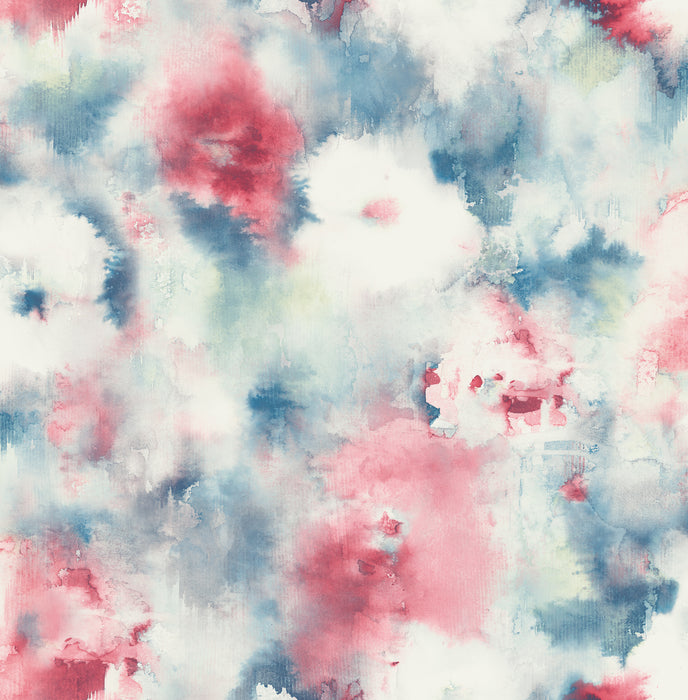 Seabrook Designs Abstract Floral Denim Blue, Scarlet, & Off-white Wallpaper Sample AH40911