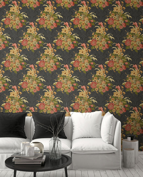 Seabrook Designs Dynasty Floral Metallic Ebony Wallpaper Sample AI40000