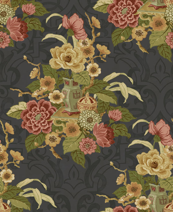 Seabrook Designs Dynasty Floral Metallic Ebony Wallpaper Sample AI40000