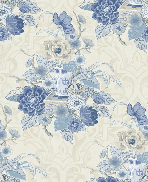 Seabrook Designs Dynasty Floral Metallic Linen And Blue Wallpaper AI40002